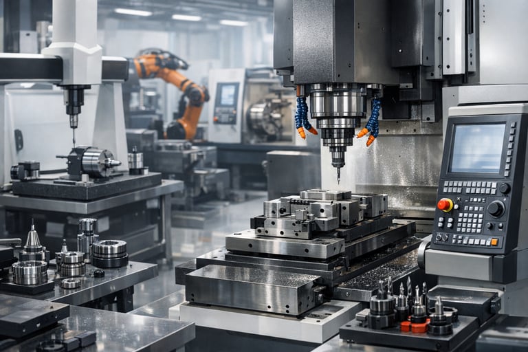 Industrial machinery and precision engineering equipment in a modern manufacturing facility