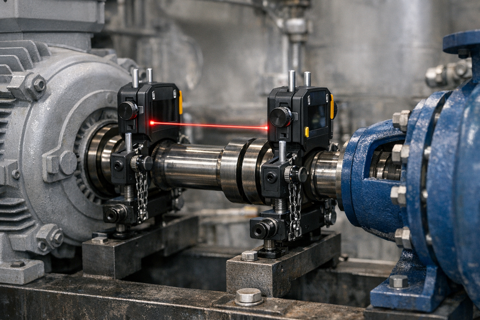 Professional laser alignment equipment performing precision shaft alignment on industrial rotating machinery