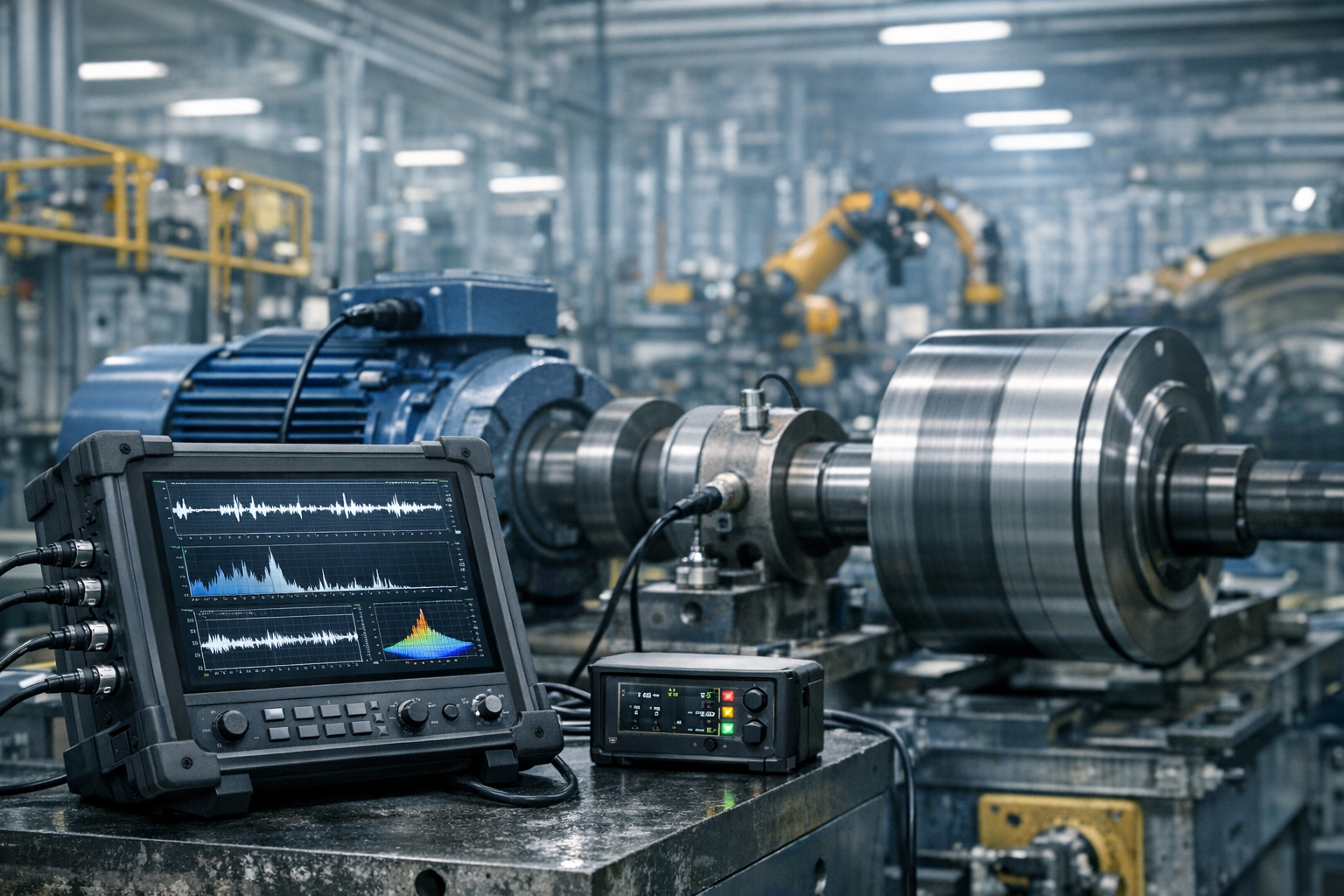 Industrial vibration monitoring equipment analyzing rotating machinery in modern manufacturing plant