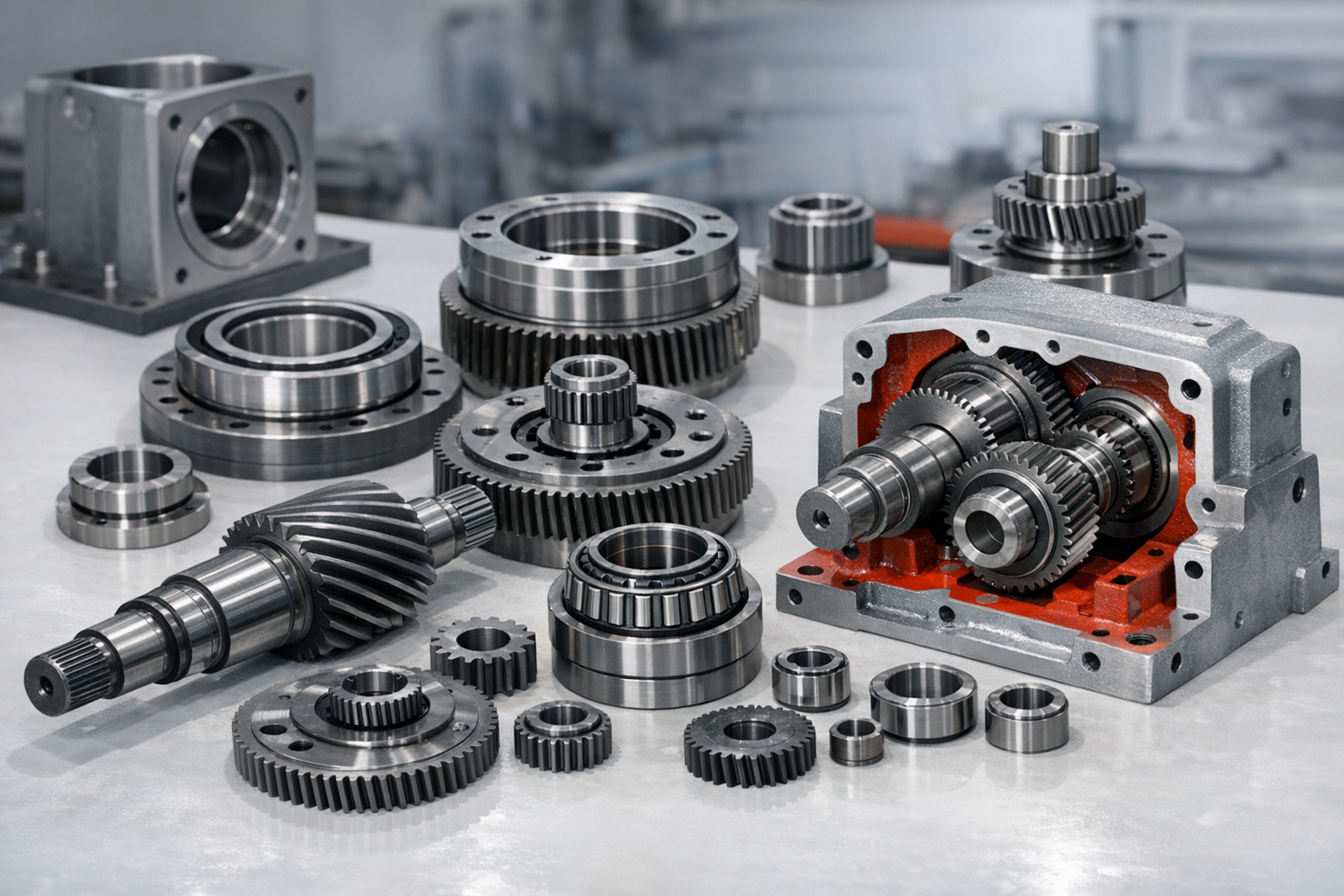 Precision industrial gearbox components and refurbished gear assemblies on clean workshop surface